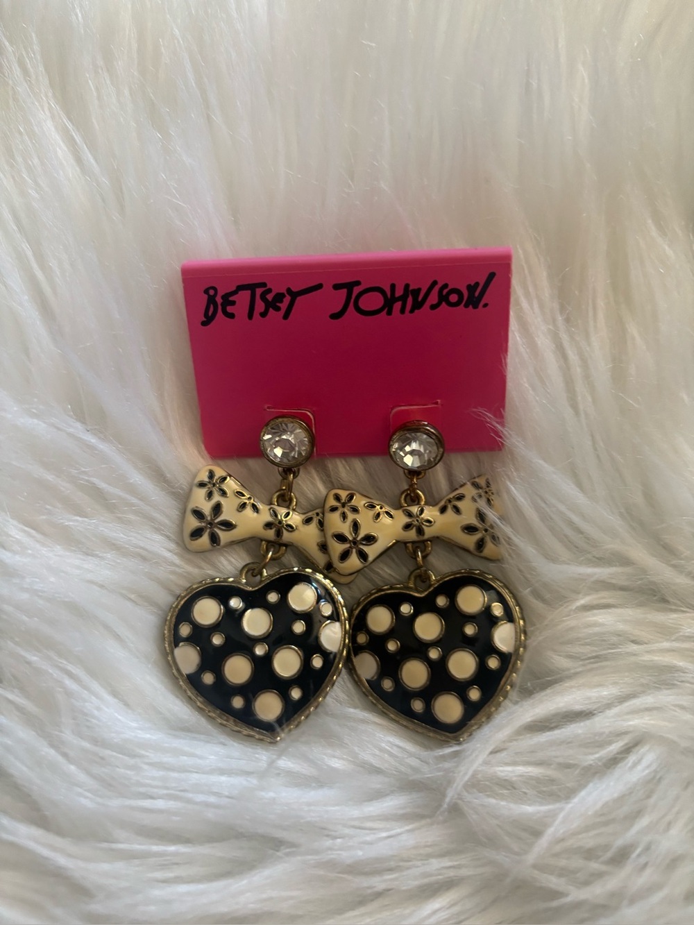 Betsey Johnson Black & Cream Polka Dot Heart Bow Drop Earrings